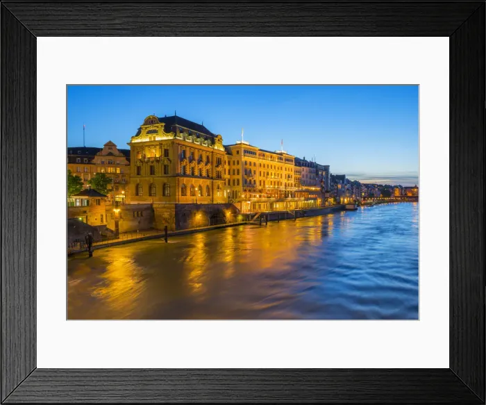Framed Print : Illuminated Hotels at river Rhine at Basel at dusk, Canton Basel, Switzerland Framed Print : Illuminated Hotels at river Rhine at Basel at dusk, Canton Basel, Switzerland