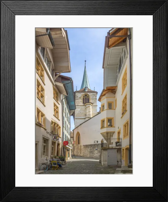 Framed Print : Alley with city church Biel, Canton Biel, Switzerland