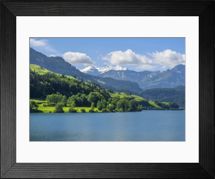 Framed Print : Lungerner lake with Bernes Alps, Canton Obwalden, Switzerland