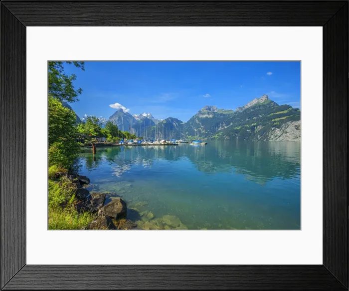 Framed Print : Sisikon sailboat harbor with Vierwaldstatter lake, Sisikon, Canton Uri, Switzerland Framed Print : Sisikon sailboat harbor with Vierwaldstatter lake, Sisikon, Canton Uri, Switzerland
