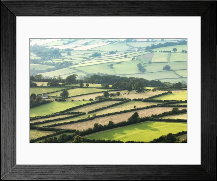 Framed Print : View over fields near Llangorse from Mynydd Troed in The Black Mountains Framed Print : View over fields near Llangorse from Mynydd Troed in The Black Mountains