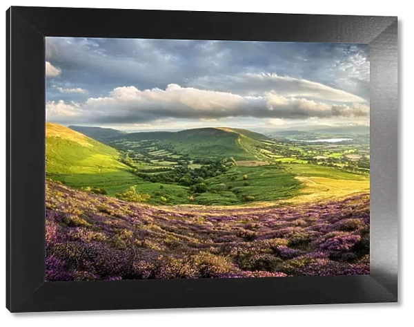 View over the Brecons Beacons, Llangorse Lake and Cwm Sorgwm from Mynydd Troed in The