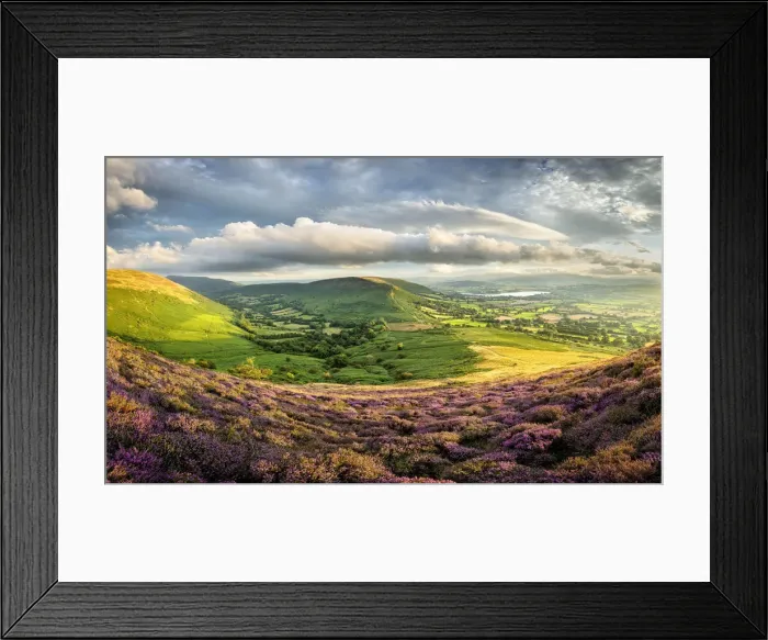 Framed Print : View over the Brecons Beacons, Llangorse Lake and Cwm Sorgwm from Mynydd Troed in Framed Print : View over the Brecons Beacons, Llangorse Lake and Cwm Sorgwm from Mynydd Troed in