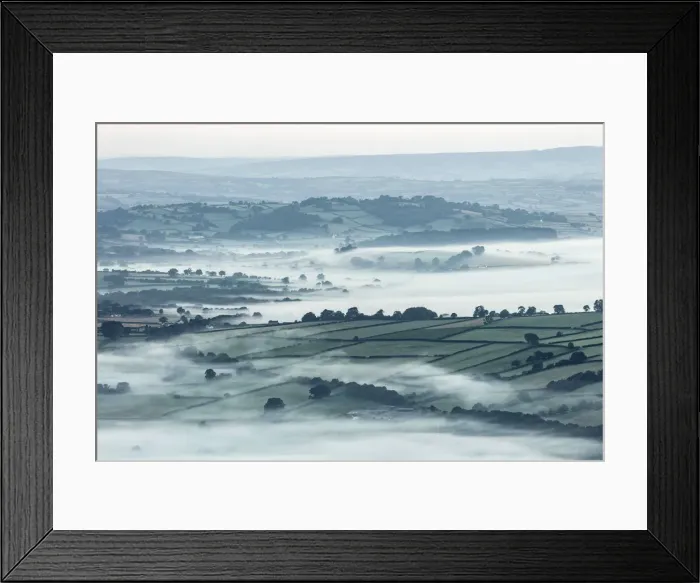 Framed Print : Mist over countryside at dawn near Brecon, Powys, Wales, UK
