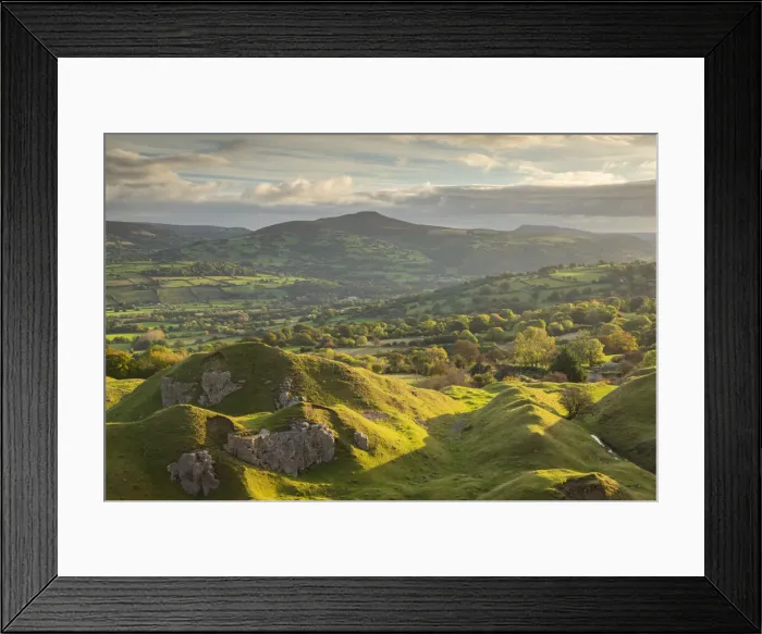 Framed Print : View out over the old quarry below the Llangattock Escarpment towards the Sugar Loaf Framed Print : View out over the old quarry below the Llangattock Escarpment towards the Sugar Loaf