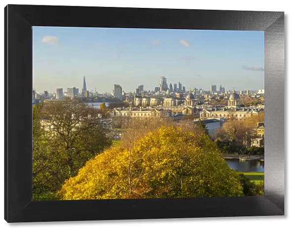 Docklands skyline from Greenwich Park, Greenwich, London, England, UK
