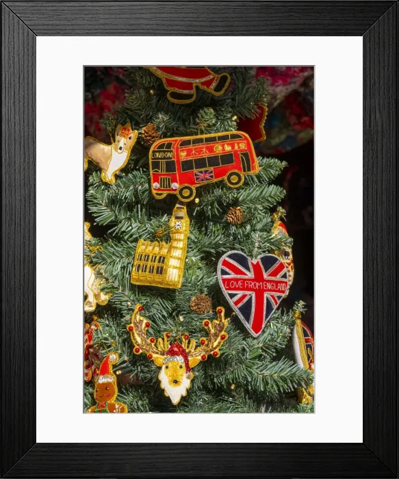 Framed Print : Christmas tree decorations, Christmas market, London, England, UK Framed Print : Christmas tree decorations, Christmas market, London, England, UK