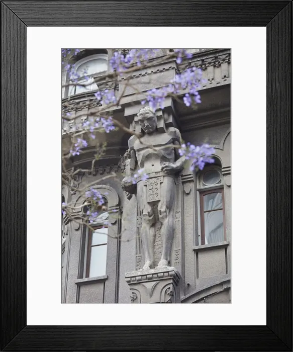 Framed Print : One of the Atlas'over the main facade of the Otto Wulff buiding with a Jacaranda flowering plant in foreground, Monserrat, Buenos Aires, Argentina. The building was built in Jugendstil style