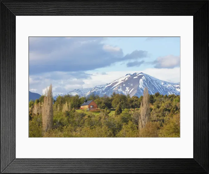 Framed Print : A mountain cabin with the Andes snowy peaks in background, near the Carrileufu River, Cholila, Chubut, Patagonia, Argentina Framed Print : A mountain cabin with the Andes snowy peaks in background, near the Carrileufu River, Cholila, Chubut, Patagonia, Argentina
