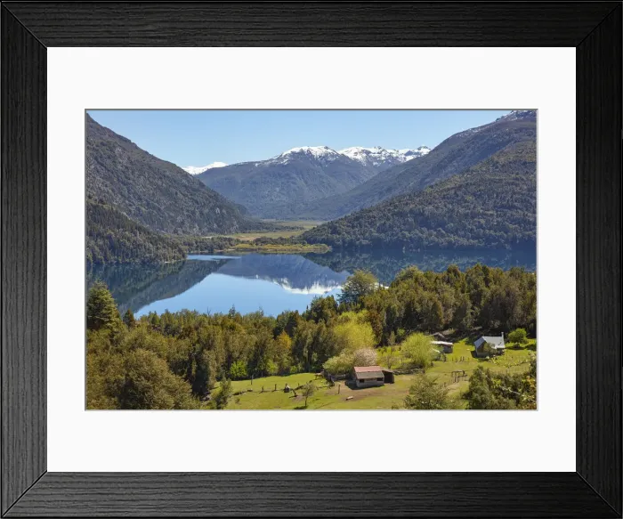 Framed Print : Cabins on Lake Rivadavia, with the Andes mountains in background, Los Alerces National Park, Chubut, Patagonia, Argentina Framed Print : Cabins on Lake Rivadavia, with the Andes mountains in background, Los Alerces National Park, Chubut, Patagonia, Argentina