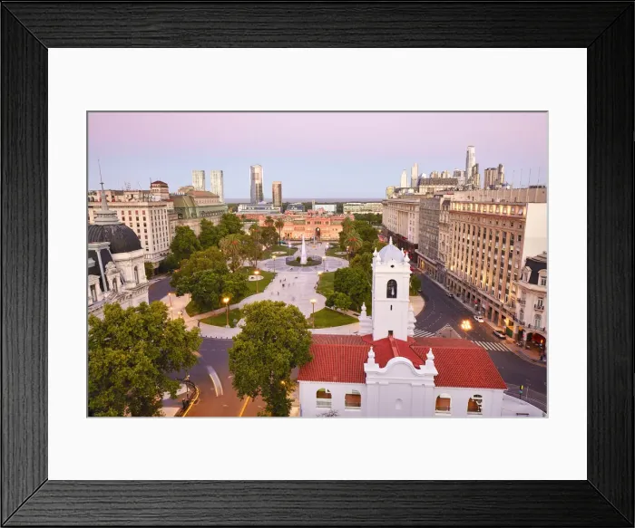 Framed Print : The Plaza de Mayo square at twilight with the Cabildo Museum in foreground and the Casa Rosada in background, Monserrat, Buenos Aires, Argentina