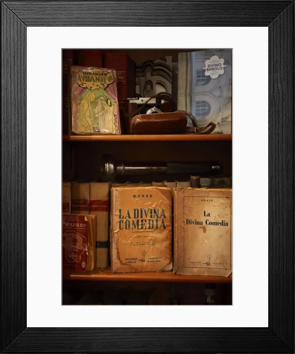 Framed Print : Detail of vintage books of the Divine Commedy'inside an old office of the Palacio Barolo, Monserrat, Buenos Aires, Argentina. (PR) Framed Print : Detail of vintage books of the Divine Commedy'inside an old office of the Palacio Barolo, Monserrat, Buenos Aires, Argentina. (PR)