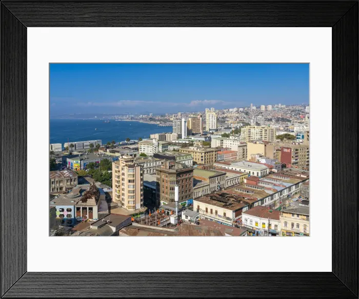 Framed Print : Elevated view of Valparaiso city center seen from Cerro Carcel, UNESCO, Valparaiso, Valparaiso Province, Valparaiso Region, Chile Framed Print : Elevated view of Valparaiso city center seen from Cerro Carcel, UNESCO, Valparaiso, Valparaiso Province, Valparaiso Region, Chile