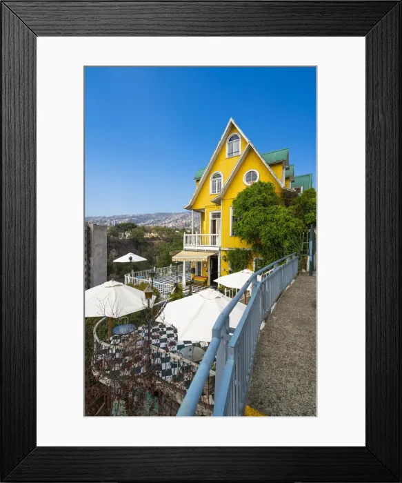 Framed Print : Yellow Hotel Brighton with parasols, UNESCO, Paseo Atkinson, Cerro Alegre, Valparaiso, Valparaiso Province, Valparaiso Region, Chile Framed Print : Yellow Hotel Brighton with parasols, UNESCO, Paseo Atkinson, Cerro Alegre, Valparaiso, Valparaiso Province, Valparaiso Region, Chile