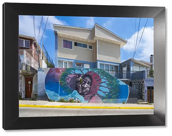 Residential house with painted mural on Avenida Alemania, Cerro Alegre, Valparaiso, Valparaiso Province, Valparaiso Region, Chile