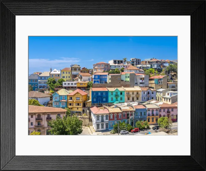 Framed Print : Colorful houses in town on sunny day, Cerro San Juan de Dios, Valparaiso, Valparaiso Province, Valparaiso Region, Chile Framed Print : Colorful houses in town on sunny day, Cerro San Juan de Dios, Valparaiso, Valparaiso Province, Valparaiso Region, Chile