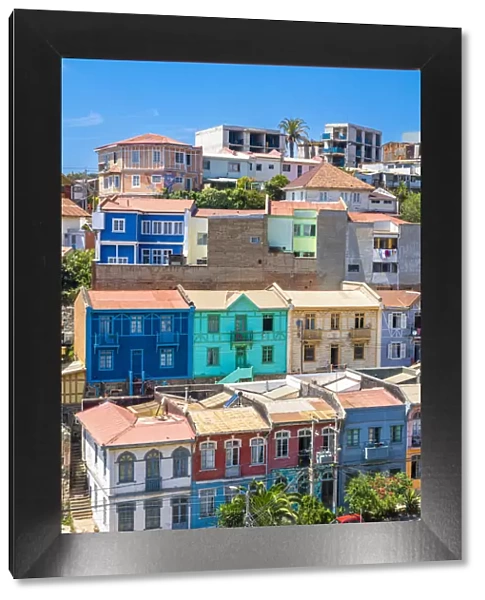 Colorful houses in town on sunny day, Cerro San Juan de Dios, Valparaiso, Valparaiso Province, Valparaiso Region, Chile