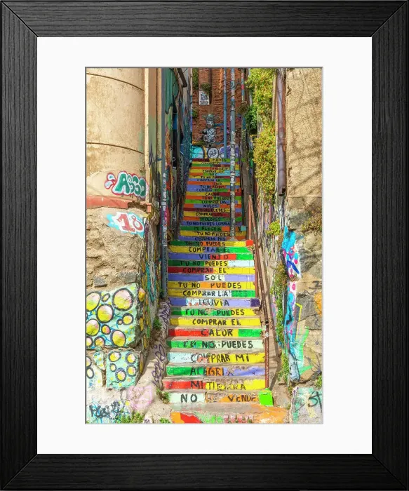 Framed Print : Staircase at Pasaje Galvez painted with colors and lyrics of song named Latinoamerica by Puerto Rican band Calle 13, UNESCO, Cerro Alegre, Valparaiso, Valparaiso Province, Valparaiso Region, Chile Framed Print : Staircase at Pasaje Galvez painted with colors and lyrics of song named Latinoamerica by Puerto Rican band Calle 13, UNESCO, Cerro Alegre, Valparaiso, Valparaiso Province, Valparaiso Region, Chile
