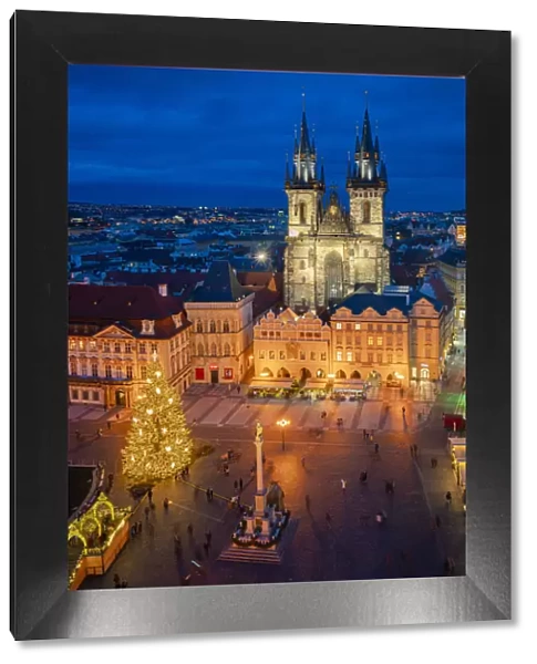Illuminated Church of Our Lady before Tyn in city at twilight, Old Town of Prague, Prague, Bohemia, Czech Republic