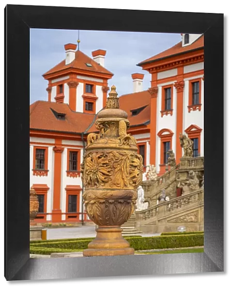 Terracotta vase in garden of Troja Chateau, Prague, Bohemia, Czech Republic