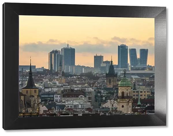 Skyline with high-rise buildings in contrast with old buildings in city center of Prague at sunrise, Prague, Bohemia, Czech Republic