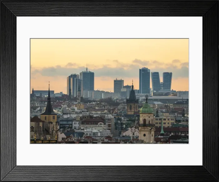 Framed Print : Skyline with high-rise buildings in contrast with old buildings in city center of Prague at sunrise, Prague, Bohemia, Czech Republic Framed Print : Skyline with high-rise buildings in contrast with old buildings in city center of Prague at sunrise, Prague, Bohemia, Czech Republic