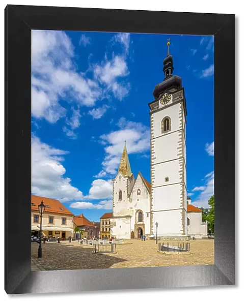Facade of Church of the Nativity of the Blessed Virgin Mary on sunny day, Pisek, South Bohemian Region, Czech Republic