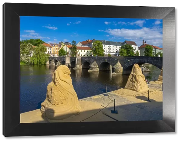 Sand sculptures next to Pisek Stone Bridge, Pisek, South Bohemian Region, Czech Republic