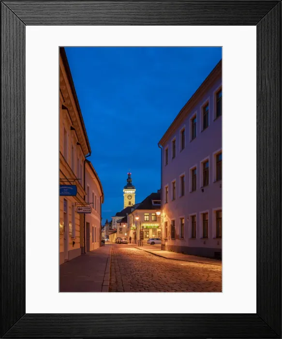 Framed Print : Empty street and Black Tower at twilight, Ceske Budejovice, South Bohemian Region, Czech Republic Framed Print : Empty street and Black Tower at twilight, Ceske Budejovice, South Bohemian Region, Czech Republic