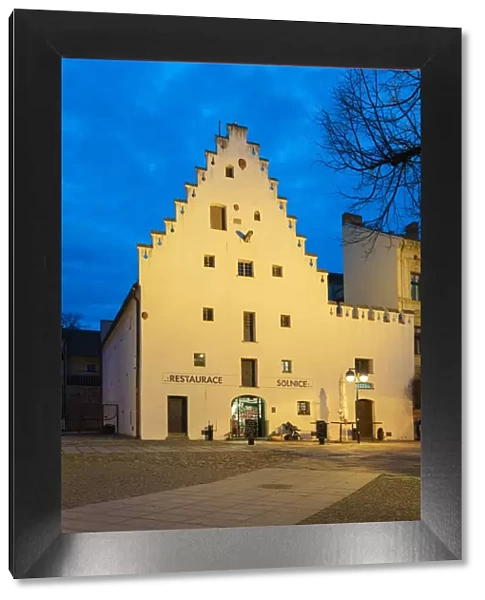 Historic building named Solnice on Piaristicke namesti at twilight, Ceske Budejovice, South Bohemian Region, Czech Republic