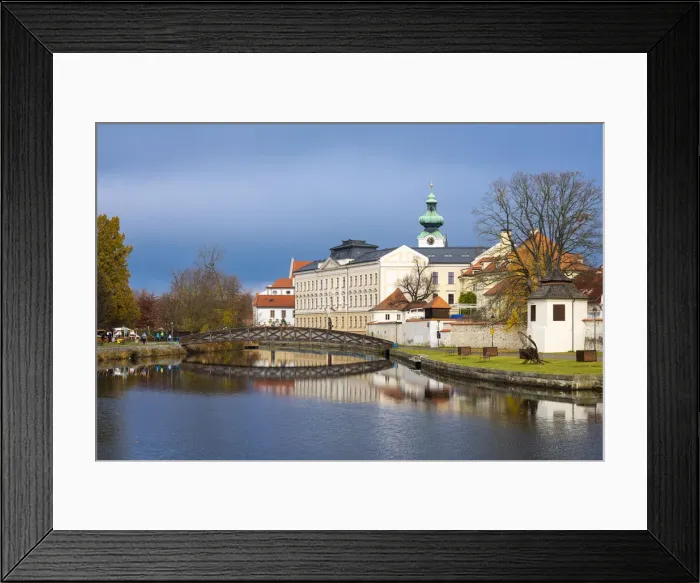 Framed Print : Footbridge over the Blind Shoulder of the Malse river named Muselak and tower of Dominican Monastery, Ceske Budejovice, South Bohemian Region, Czech Republic Framed Print : Footbridge over the Blind Shoulder of the Malse river named Muselak and tower of Dominican Monastery, Ceske Budejovice, South Bohemian Region, Czech Republic