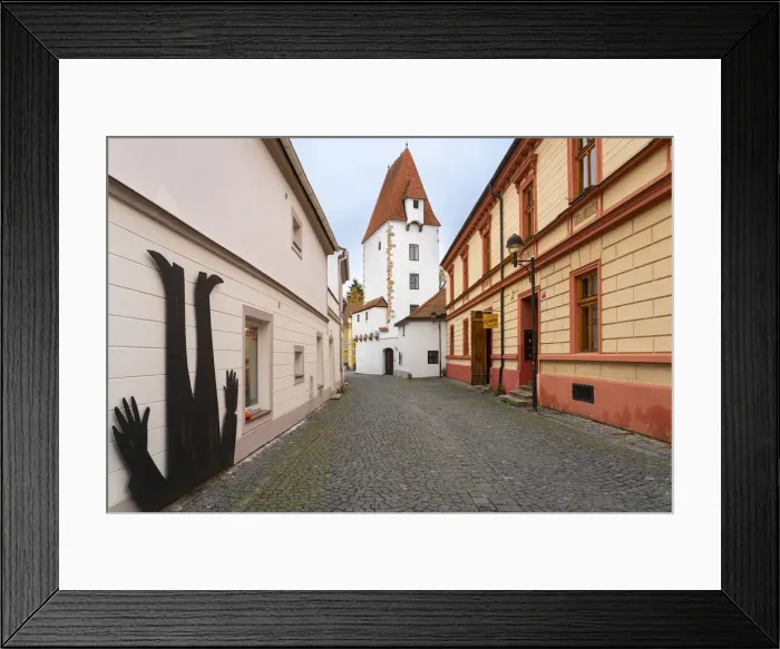 Framed Print : Rabenstejn Tower and street art in Ceske Budejovice, South Bohemian Region, Czech Republic
