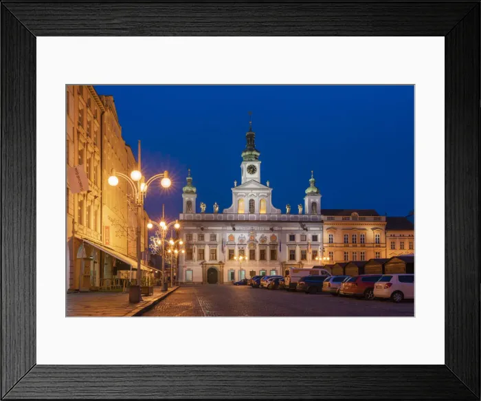 Framed Print : Town hall at Namesti Premysla Otakara II. at twilight, Ceske Budejovice, South Bohemian Region, Czech Republic