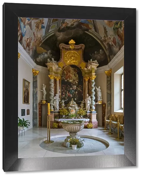 Sculptures and painting at altar in Cathedral of St. Nicholas, Ceske Budejovice, South Bohemian Region, Czech Republic