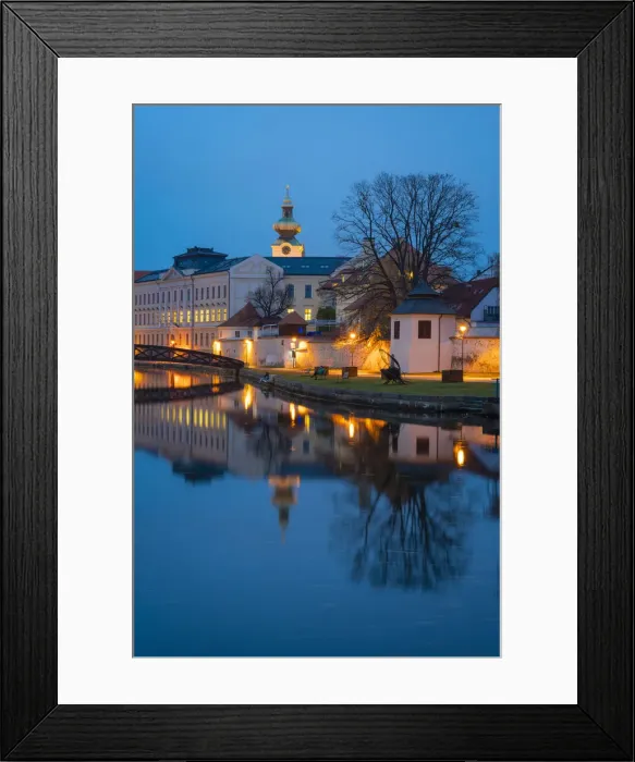 Framed Print : Footbridge over the Blind Shoulder of the Malse river named Muselak and tower of Dominican Monastery at twilight, Ceske Budejovice, South Bohemian Region, Czech Republic Framed Print : Footbridge over the Blind Shoulder of the Malse river named Muselak and tower of Dominican Monastery at twilight, Ceske Budejovice, South Bohemian Region, Czech Republic