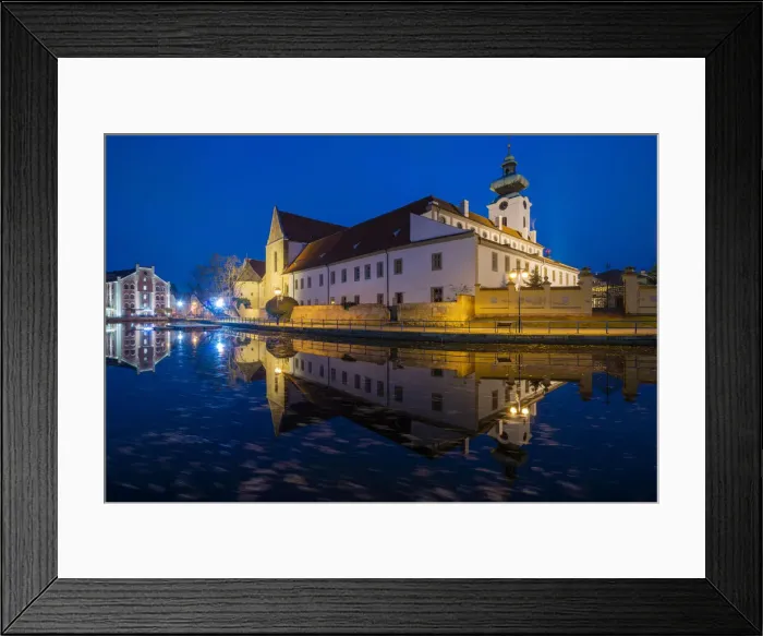 Framed Print : Dominican Monstery reflecting in Malse river at twilight, Ceske Budejovice, South Bohemian Region, Czech Republic Framed Print : Dominican Monstery reflecting in Malse river at twilight, Ceske Budejovice, South Bohemian Region, Czech Republic
