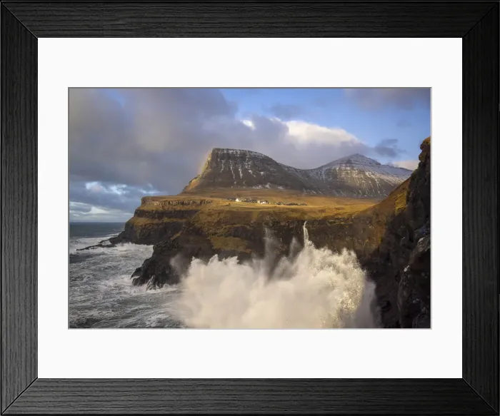 Framed Print : The village of Gasadalur and its waterfal hit by a storm. Island of Vagar. Faroe Islands Framed Print : The village of Gasadalur and its waterfal hit by a storm. Island of Vagar. Faroe Islands