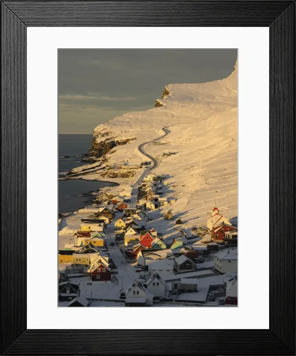 Framed Print : The village of Sumba covered by snow at sunrise. Island of Suðuroy. Faroe Islands Framed Print : The village of Sumba covered by snow at sunrise. Island of Suðuroy. Faroe Islands