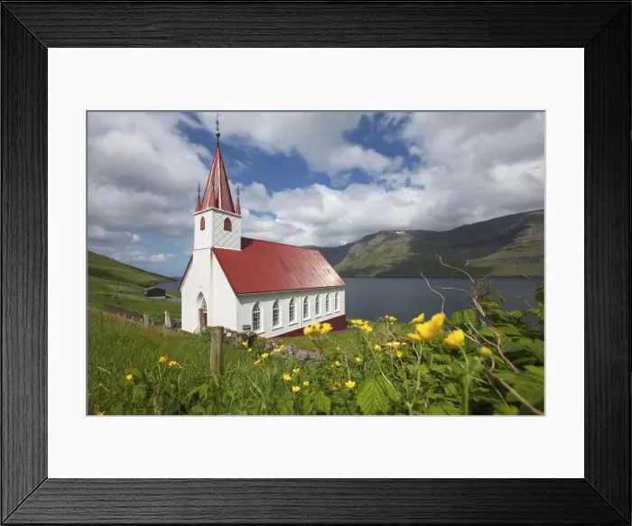Framed Print : The church of HÔêÜÔê½sar in a sunny day. Island of Kalsoy. Faroe Islands Framed Print : The church of HÔêÜÔê½sar in a sunny day. Island of Kalsoy. Faroe Islands