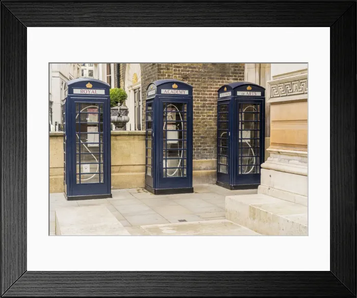 Framed Print : Three blue phone boxs outside the Royal Academy of Arts, designed by Max Boyla, Mayfair, London, England, UK Framed Print : Three blue phone boxs outside the Royal Academy of Arts, designed by Max Boyla, Mayfair, London, England, UK