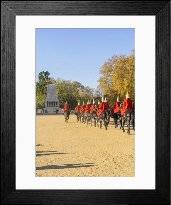 Framed Print : The Queens guards during the Changing of the Guard marching towards the Guards Memorial, London, England, UK Framed Print : The Queens guards during the Changing of the Guard marching towards the Guards Memorial, London, England, UK
