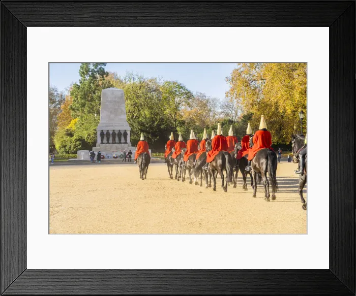Framed Print : The Queens guards during the Changing of the Guard marching towards the Guards Memorial, London, England, UK Framed Print : The Queens guards during the Changing of the Guard marching towards the Guards Memorial, London, England, UK