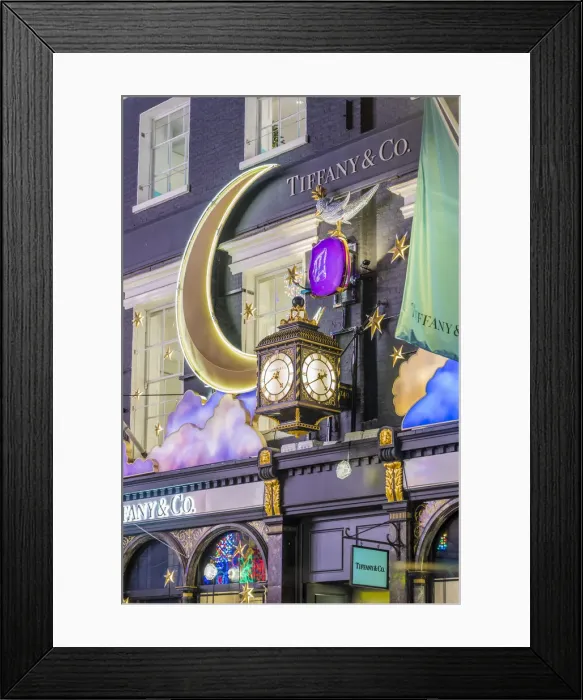 Framed Print : Tiffany clock and christmas decorations, Old Bond street, London, England, UK Framed Print : Tiffany clock and christmas decorations, Old Bond street, London, England, UK