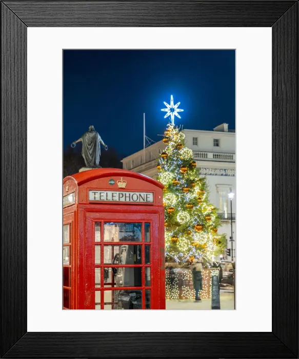 Framed Print : Christmas tree and red phone box, Mayfair, London, England, UK Framed Print : Christmas tree and red phone box, Mayfair, London, England, UK