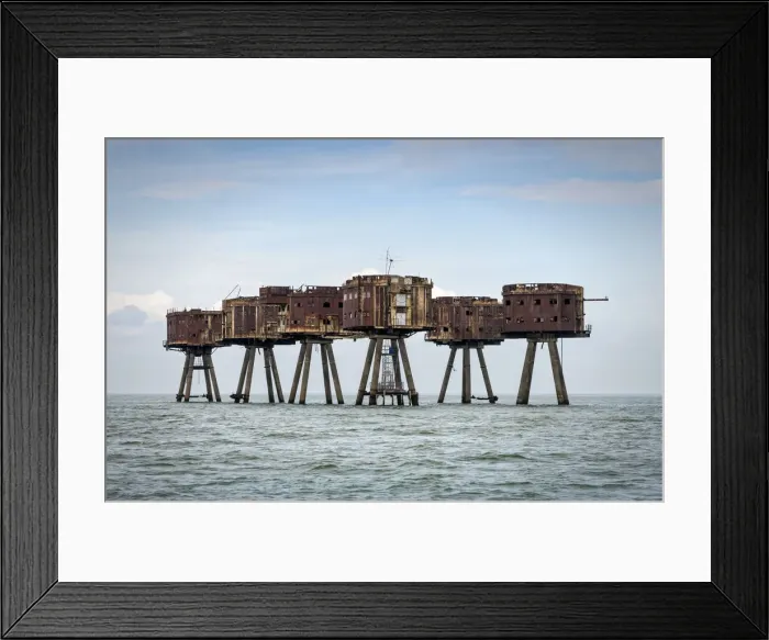 Framed Print : The towers of the Red Sands Fort - part of the decommissioned Maunsell Forts, the armed towers built in the Thames estuary to protect the Kent coast during the Second World War, near Whitstable, Kent, England Framed Print : The towers of the Red Sands Fort - part of the decommissioned Maunsell Forts, the armed towers built in the Thames estuary to protect the Kent coast during the Second World War, near Whitstable, Kent, England