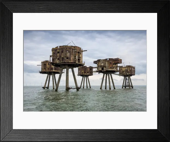 Framed Print : The towers of the Red Sands Fort - part of the decommissioned Maunsell Forts, the armed towers built in the Thames estuary to protect the Kent coast during the Second World War, near Whitstable, Kent, England Framed Print : The towers of the Red Sands Fort - part of the decommissioned Maunsell Forts, the armed towers built in the Thames estuary to protect the Kent coast during the Second World War, near Whitstable, Kent, England