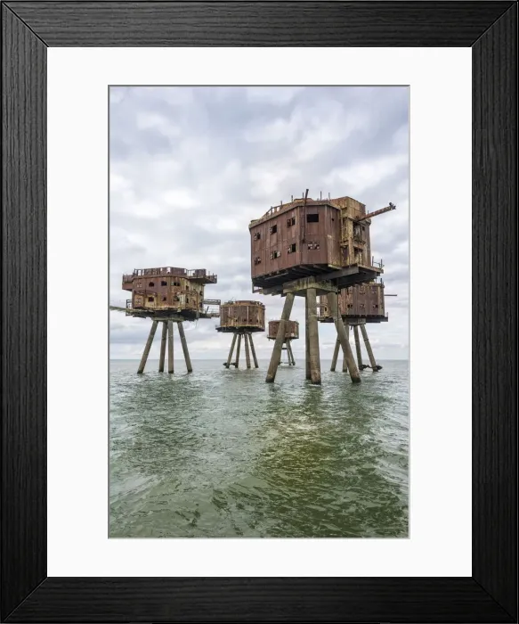 Framed Print : The towers of the Red Sands Fort - part of the decommissioned Maunsell Forts, the armed towers built in the Thames estuary to protect the Kent coast during the Second World War, near Whitstable, Kent, England Framed Print : The towers of the Red Sands Fort - part of the decommissioned Maunsell Forts, the armed towers built in the Thames estuary to protect the Kent coast during the Second World War, near Whitstable, Kent, England