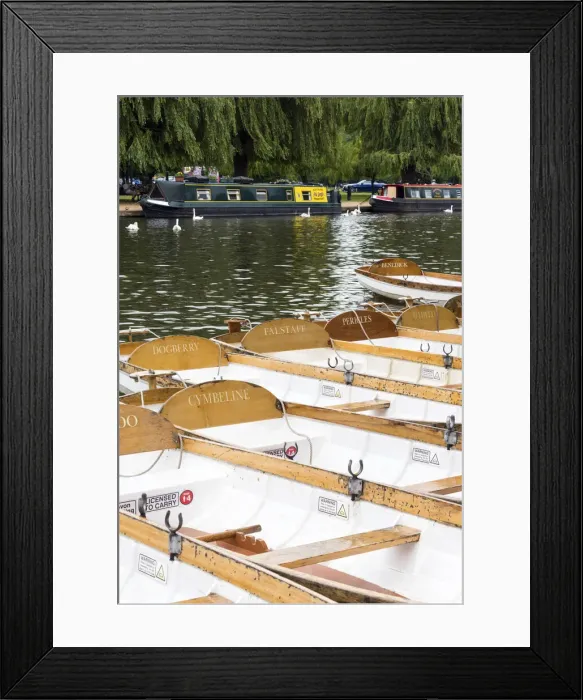 Framed Print : Rowing boats named after Shakespearean characters on the River Avon at Stratford-upon-Avon, Warwickshire, England