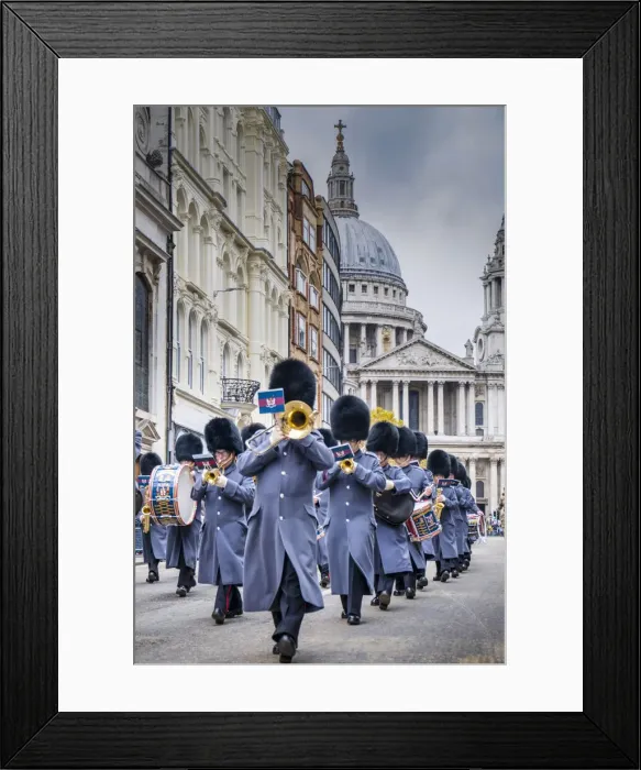 Framed Print : UK, England, London, City of London, St. Pauls Cathedral, Soldiers of the Queens Guards: Household Division Foot Guards Marching Band, in bearskin hats, the Lord Mayors Show 2021 Framed Print : UK, England, London, City of London, St. Pauls Cathedral, Soldiers of the Queens Guards: Household Division Foot Guards Marching Band, in bearskin hats, the Lord Mayors Show 2021