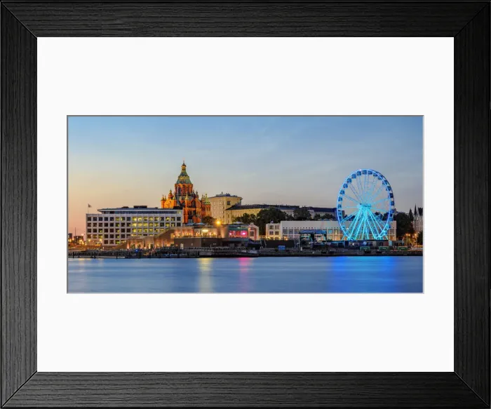 Framed Print : View over South Harbour towards Uspenski Cathedral, Allas Sea Pool and Restaurant and SkyWheel Ferris Wheel, dusk, Helsinki, Uusimaa County, Finland Framed Print : View over South Harbour towards Uspenski Cathedral, Allas Sea Pool and Restaurant and SkyWheel Ferris Wheel, dusk, Helsinki, Uusimaa County, Finland